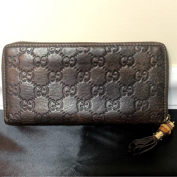GUCCI Guccissima Brown Leather GG Continental Wallet W/ Bamboo Zipper Pull - Picture 16 of 17